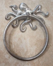 Seashore Beach House Octopus Hand Towel Ring Bath Kitchen Silver Cast Iron