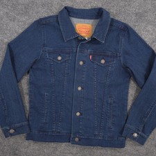Levis Denim Trucker Jacket Kids M 10-12 Blue Pockets Stretch Dark Wash Western