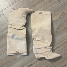 Beige Suede Knee High Slouch Boots Pointed Toe Buckle Accent Women's Size 5.5