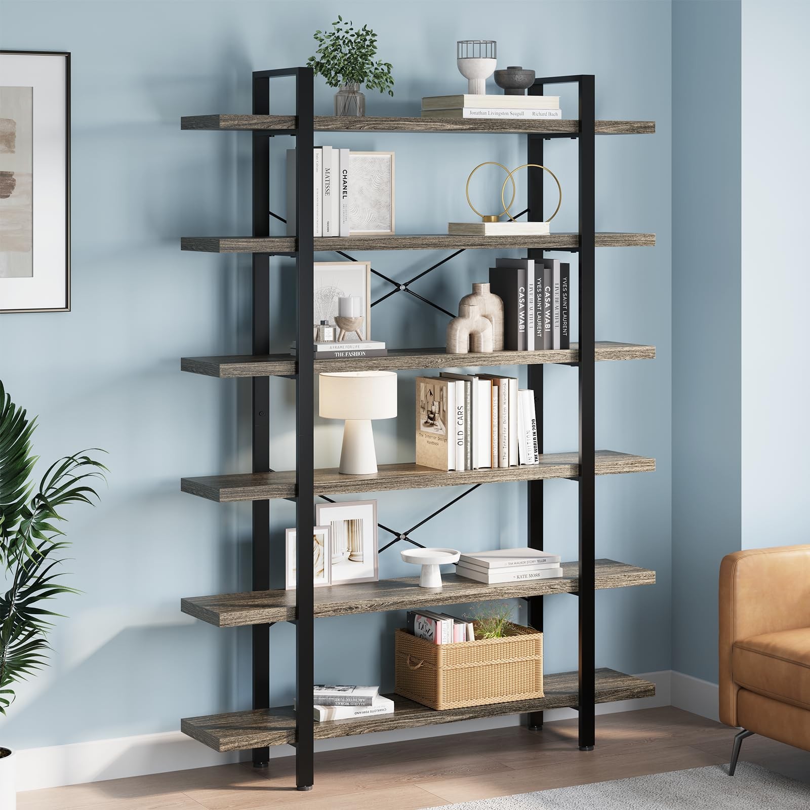  Heavy Duty 6 Tier Bookcase, 80-in Tall Industrial Modern Large Bookshelf, Grey