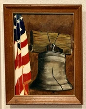 Signed 1976 Bicentennial Oil Painting Liberty Bell American Flag Folk Art