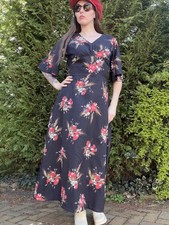 Vintage 1970s Maxi Dress Long Black Floral with Flared Sleeves Size 16