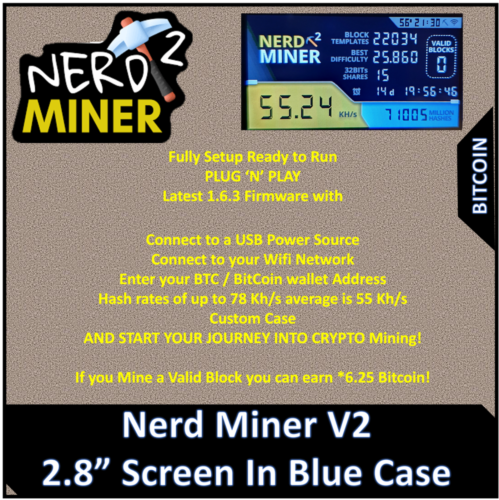 NerdMiner V2 Bitcoin BTC Lotterie Miner 56K FW 1.6.3 Großbildschirm BLAUE Version - Bild 1 von 2