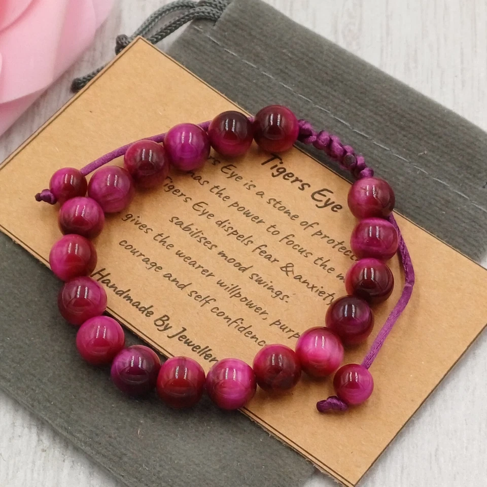 MAGENTA OJO DE TIGRE Pulsera Cordón Hecho a Mano + Bolsa de Regalo Piedras Preciosas Chakra 6/8mm Foto 2 de 4