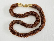 Vintage 1980s 12 Strand Twisted Glass Beads Beaded Rope Necklace Dark Amber Gold