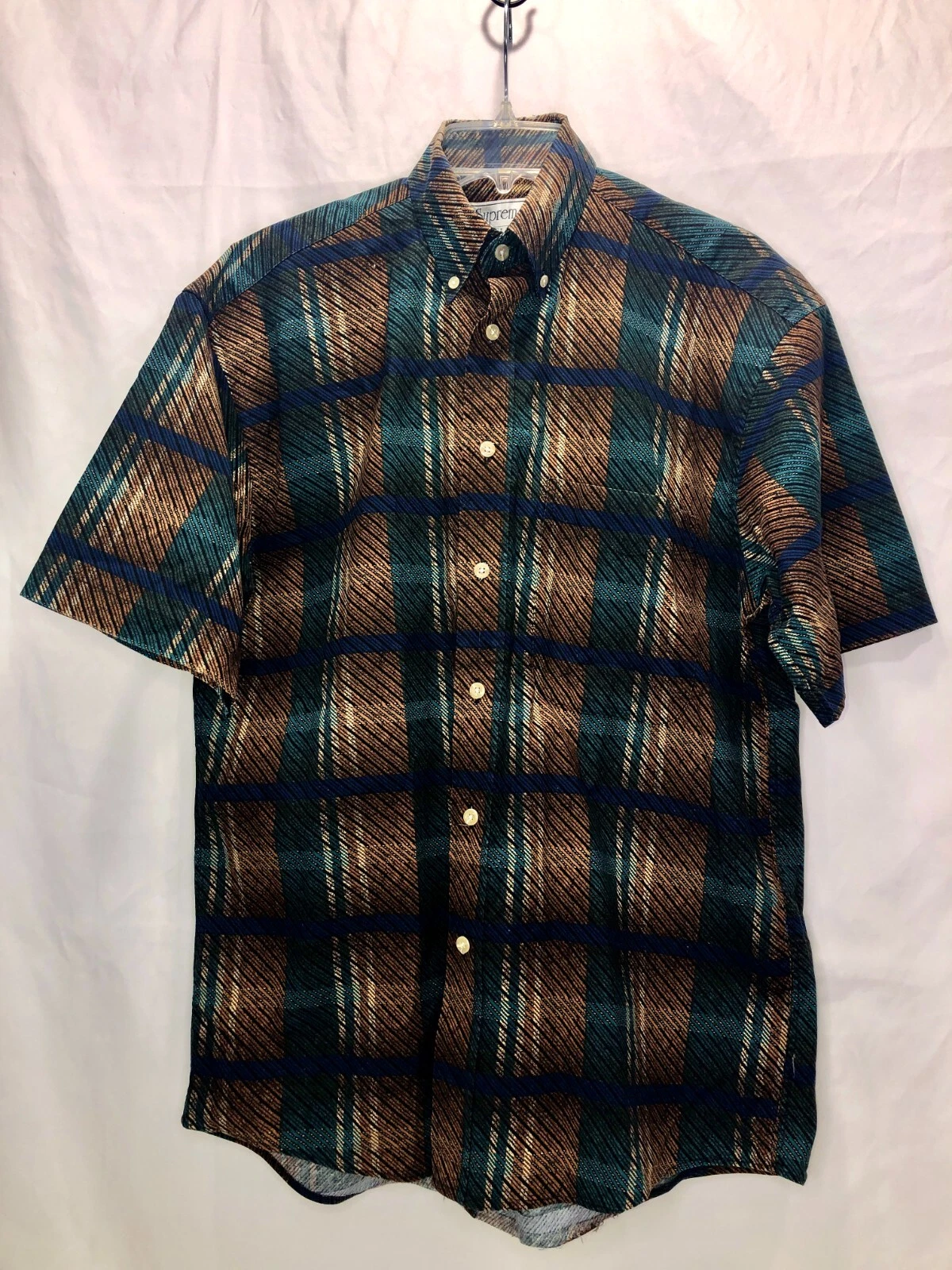 Chemise à manches courtes vintage NATURAL ISSUE SUPREME vert marron bleu carreaux années 90 hommes S