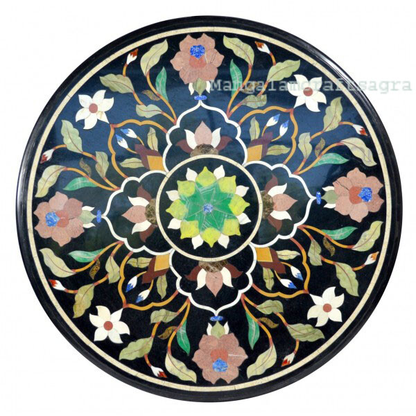 23-Inch Handmade Marble Coffee Table with Semi-Precious Stone Inlay Art Decor