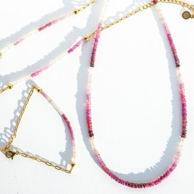 Genuine RUBY BUNDLE ombre Ruby Beaded Necklace & Bracelet Non Tarnish Gold, Ruby