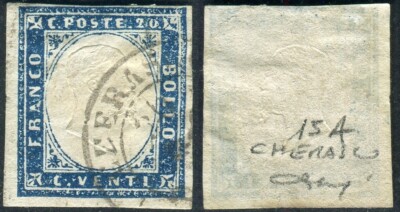 1857 ANTIQUE STATES IV SARDINIA BLUE GREYISH KHERASCO p.ti 7 20 C 15 A 432