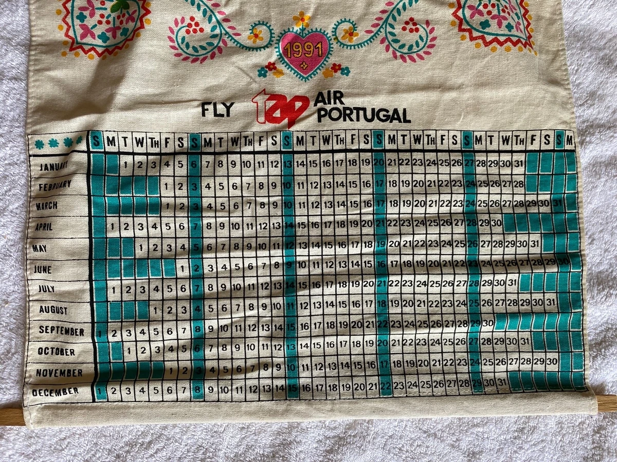 Vintage Portuguese Airlines TAP 1991 cloth calendar decorative 26x16" rare  | eBay