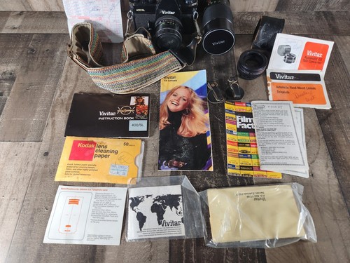 Vintage BLACK Vivitar 400/SL 35mm SLR Camera Kit + Lenses/Accessories UNTESTED - Picture 2 of 16