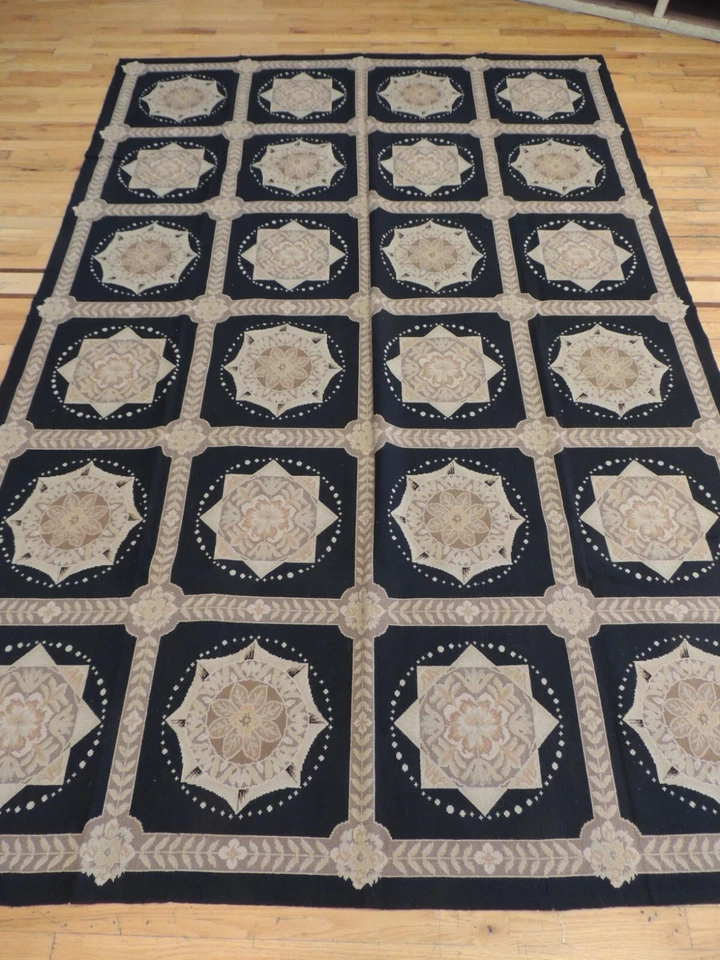Alfombra Oriental 6x9 Diseño Aubusson Francés Punta de Aguja Negro Beige Patrón Caja Foto 2 de 4