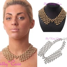 Vintage Chic Peter Pan Beaded French Collar Matte Metal Finish Bead Bib Necklace