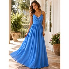 Halston French Blue Sleeveless V-Neck Maxi Dress with Sequined Bodice NWT