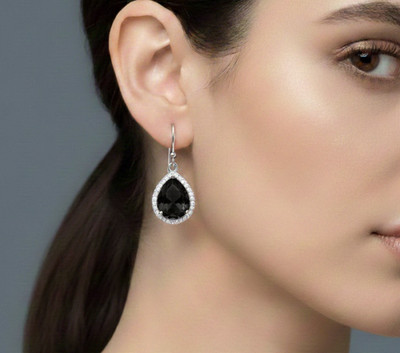 Rare Black Onyx Gemstone Earrings, CZ Halo 925 Solid Silver Mother s Day gifts.