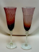 Pier 1 Purple Amethyst Champagne Flutes (2) Twisted Mouth Blown Glass Set