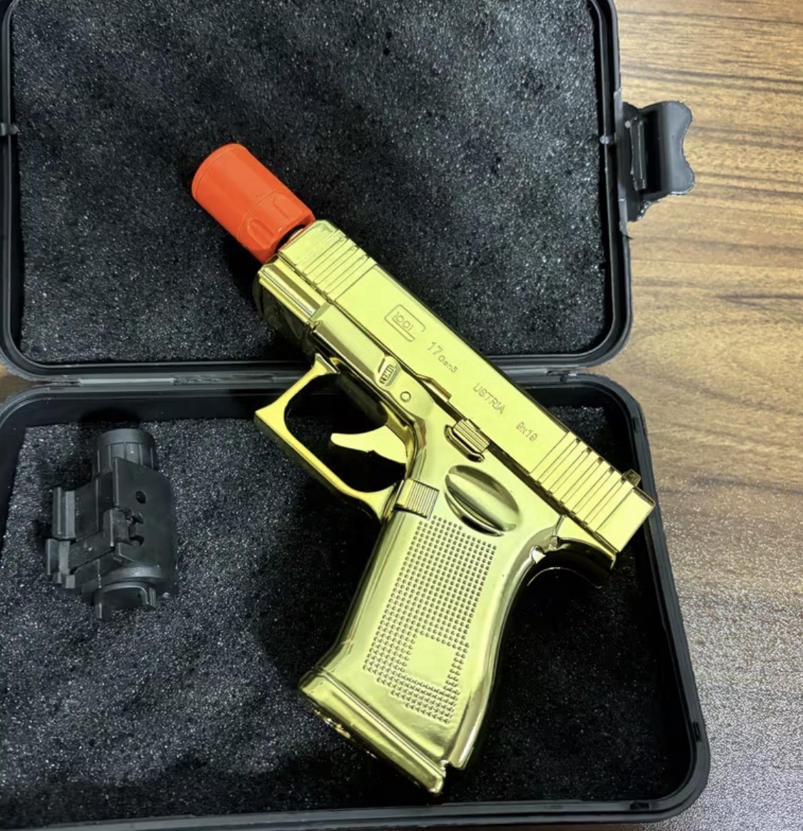 Gold Pistol-Shaped Torch Lighter, Adjustable Flame, Silencer