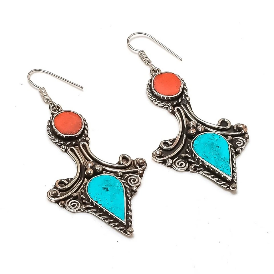 Boucles d'oreilles corail rouge turquoise bijou ancien tibétain vintage népal... - Photo 1/4