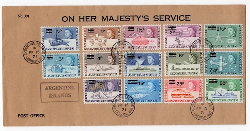 BRITISH ANTARCTIC 1971 SURCHARGE SET TO 50P ON 10/- ON ARGENTINE ISLANDS FDC
