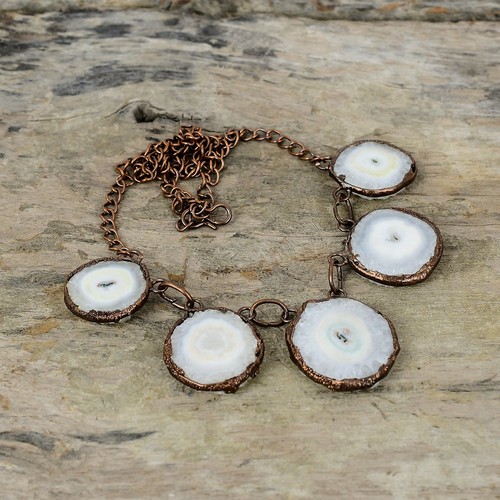 Copper Round Natural Solar Quartz Druzy Bezel Electroformed Chain Wife Necklace