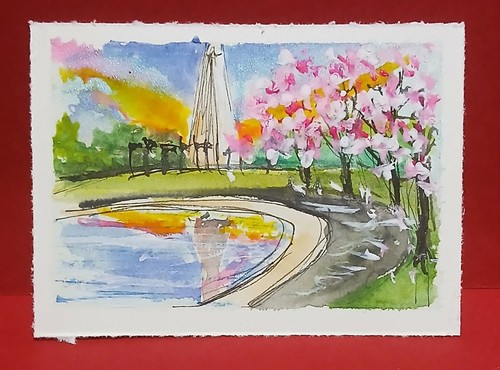 Cherry Blossoms & Washington Monument – OOAK Watercolor Scribble ACEO •Memory