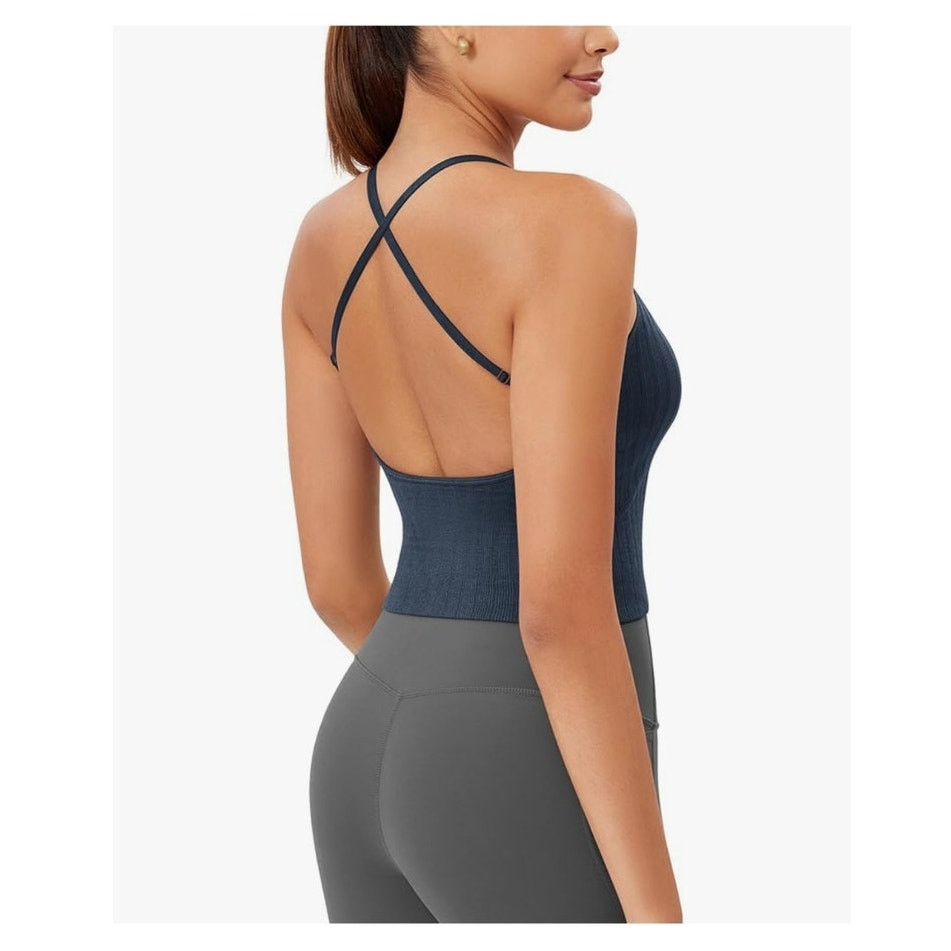 Ododos Seamless Padded Criss Cross Open Back Sports Bra Top Blue XS/S