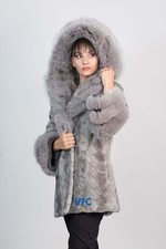 Gray Mink Coat With Gray Fox Fur Hood, Real Fur Coat, Luxury Fur Coat