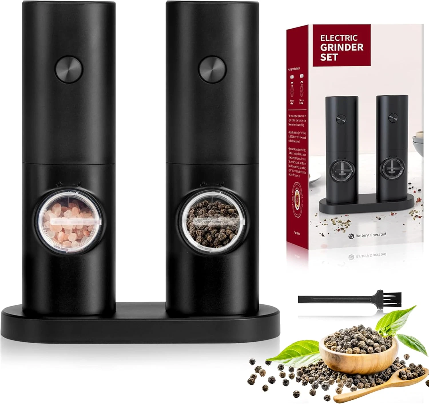 Electric Salt and Pepper Grinder Set Adjustable Coarseness Battery Powered Black