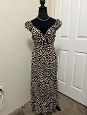 Justify Beige Black Zebra Print V-Neck Chiffon Maxi Dress Puff Sleeve M