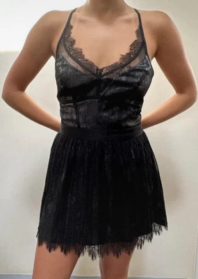 AllSaints Black Lace Slip Dress V-Neck Cross Back Straps Zip UK 14 - Image 1 of 4