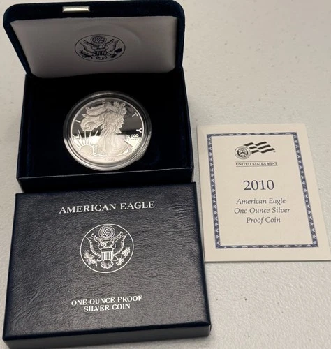 2010-W brilliant gem PROOF American SILVER EAGLE with case, box & COA. Pf ASE