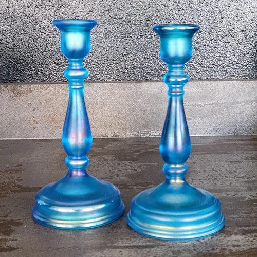 Fenton Diamond Blue Tapered Opalescent Candlesticks Vintage Set Of 2