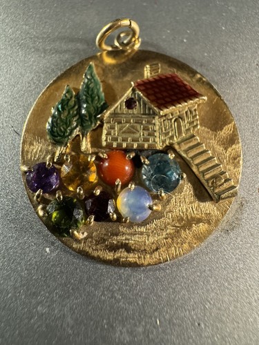 Vintage 14K Gold 3D House Medallion Charm Pendant 11.8g Multi Gemstone from 1968