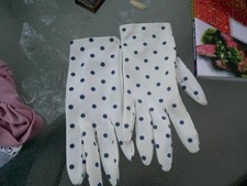 Vintage 1950s Hansen Polka Dot Nylon Dress Gloves navy white pearl button 7.5