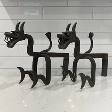 Pair of Vtg Wrought Iron Dragon Sculptural Andirons OOAK ??