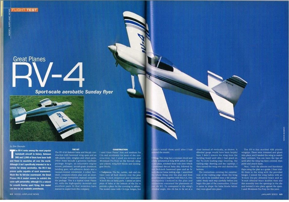 MODEL AIRPLANE NEWS Magazine January 2003 Great Planes RV-4 - Image 2 of 2