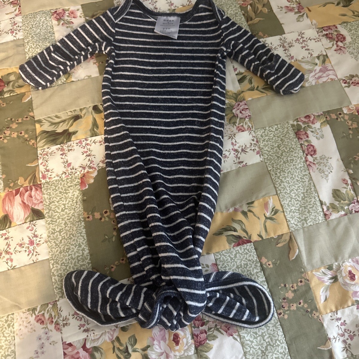 Aden + Anais Blue Striped Newborn Baby Snuggle Knit Knot Gown 0-3 