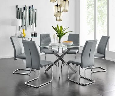 NOVARA Large Round Chrome Glass Dining Table And 4/6 Faux Leather Velvet Chairs