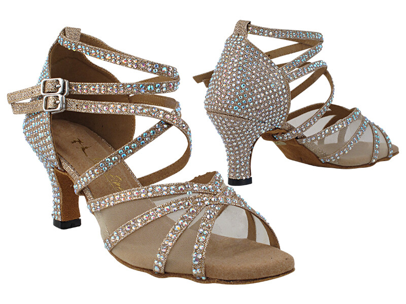 Zapatos de baile de salsa para mujer salón de baile de bachata latina champán malla satinada brillante