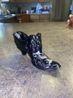 Vintage Fenton Black Glass Slipper Shoe Floral Design Hand Painted R. Biles