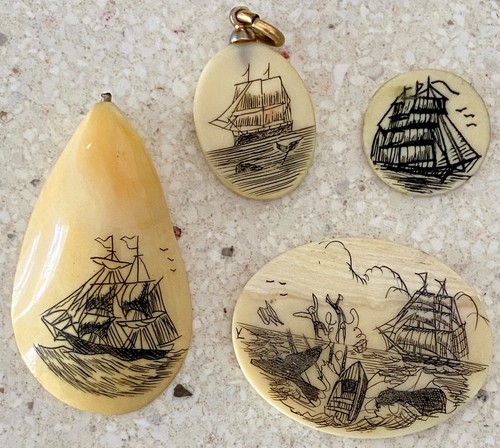 Vintage Faux Bone Scrimshaw Nautical Pendant Lot of 4 Sailing Ship Whaling Scene