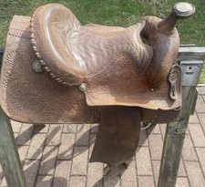 Vintage 15" Longhorn Tooled Roping Western Saddle Needs TLC  Restoration