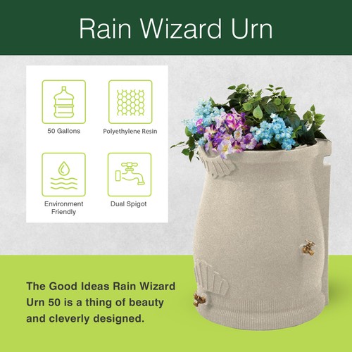 Good Ideas RWURN50-SAN 50 Gallon Rain Water Saver Wizard Barrel Urn, Sandstone - Picture 2 of 11