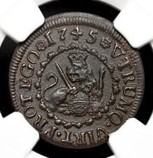 COLONIAL ERA SPAIN. Ferdinand VI, 1746-1759. Copper 2 Maravedis, 1745, NGC AU