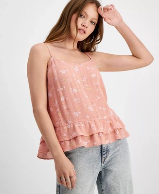 Hippie Rose Ruffled Peplum Tank Top Juniors' M Blush Floral Scoop Neck Pullover