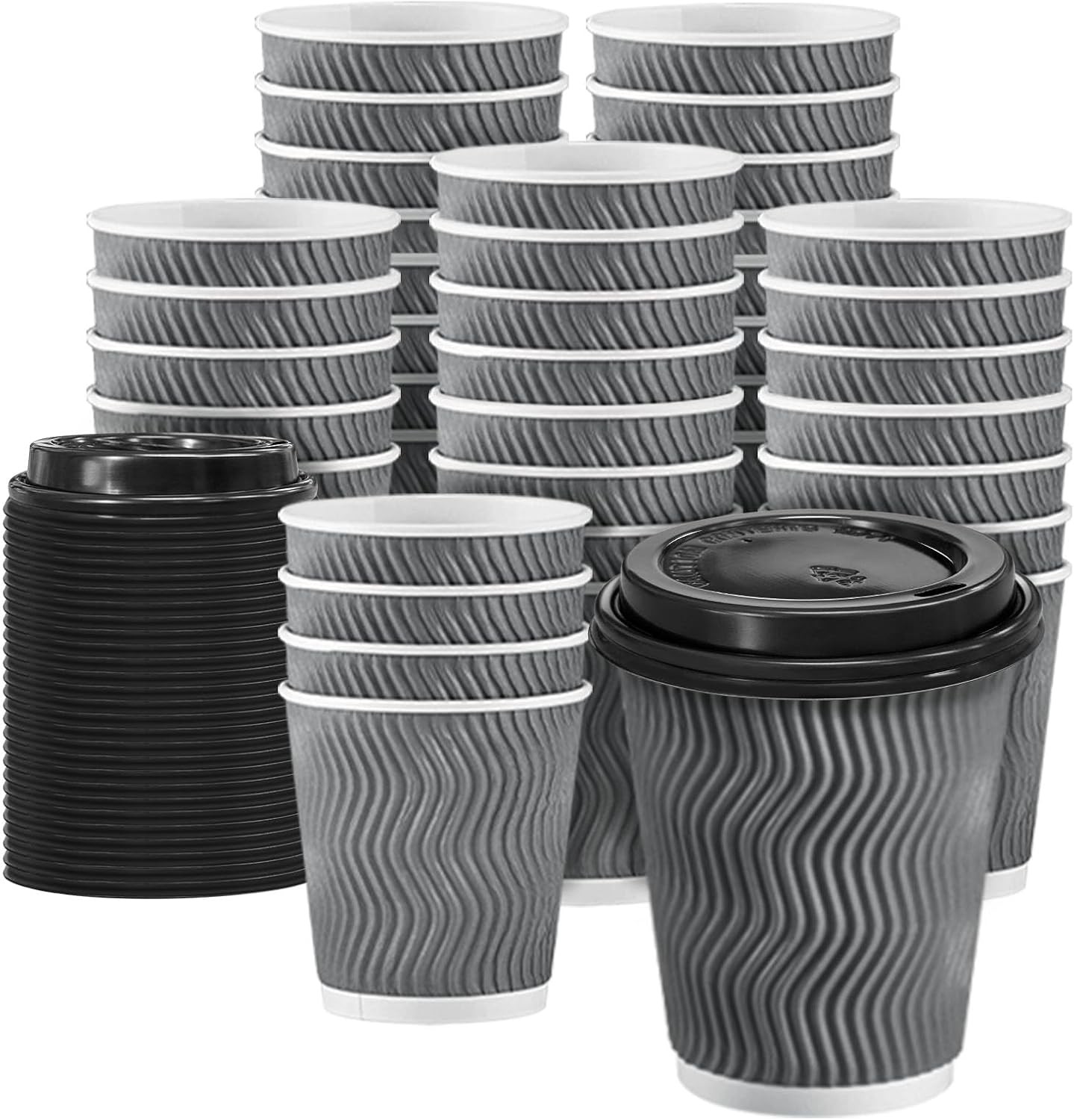 100 Pack 8 oz Disposable Insulated Coffee Cups with Lids Gray