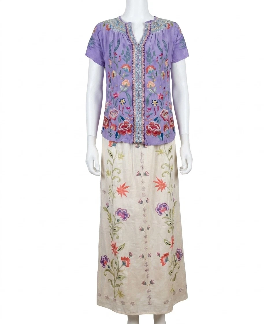 Johnny Was Calista High Slit Linen Skirt Elordi Stripe