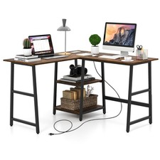 L Shaped Corner Computer Desk Study Workstation Power Outlet Storage Shelf