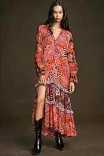 Anthropologie Farm Rio Tiered Dress Mixed Floral Romantic Clip Dot Size M NEW