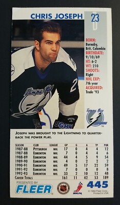 CHRIS JOSEPH TAMPA BAY LIGHTNING 1994 FLEER #445 SIGNED HOCKEY